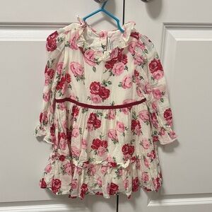 Janie and Jack Cream Floral Ruffle Dress with Pink & Red Roses
